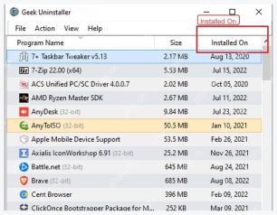 Geek Uninstaller 列标题中的 Installed On 安装日期排序列