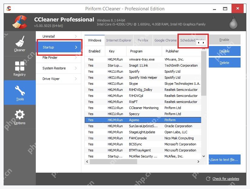 CCleaner Windows 电脑端 Tools Startup 页面可切换 Windows 浏览器和 Scheduled Tasks 标签