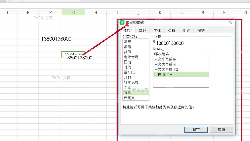 WPS 表格打开单元格格式窗口,数字页签和分类列表可见