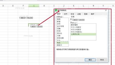 WPS 表格打开单元格格式窗口,数字页签和分类列表可见