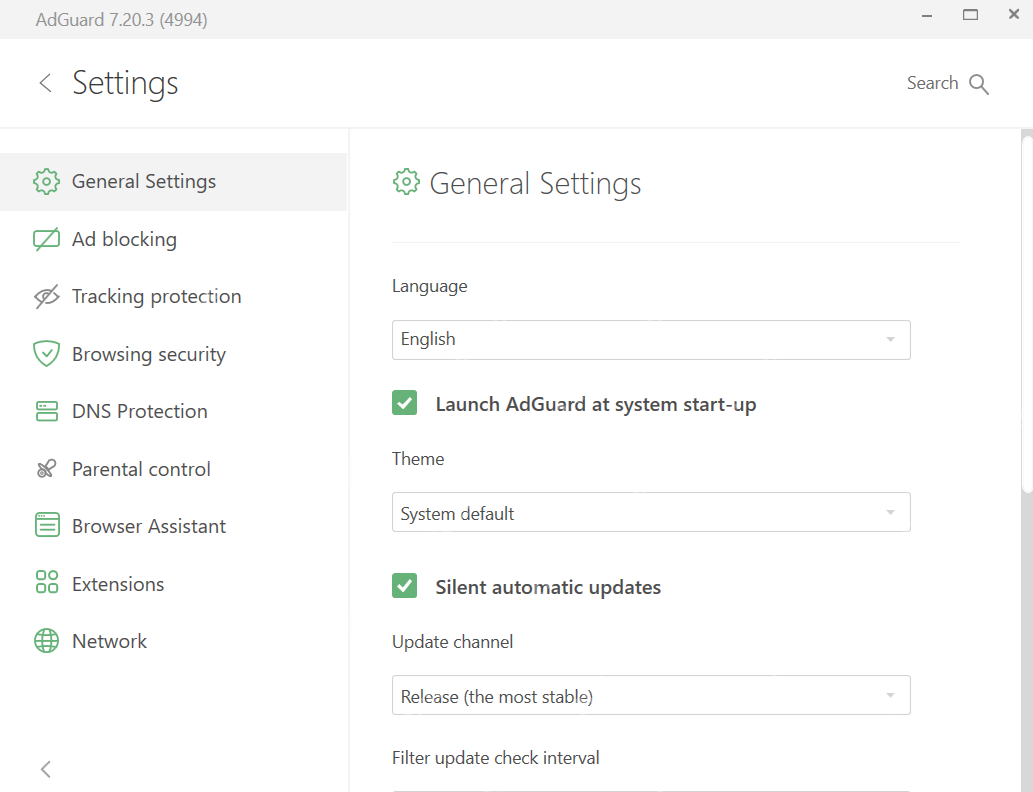 AdGuard General Settings 页面中的 Language 选项