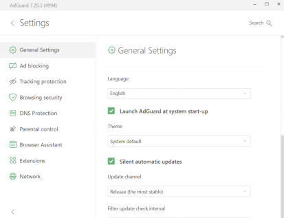 AdGuard General Settings 页面中的 Language 选项