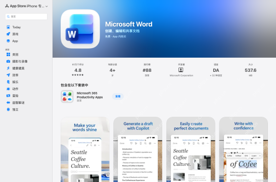 Apple App Store 中 Microsoft Word 页面显示应用名称评分和开发者