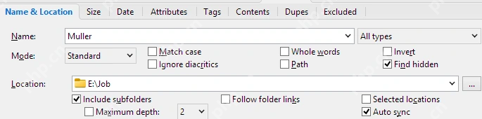 XYplorer Find Files 面板中的位置和子文件夹设置