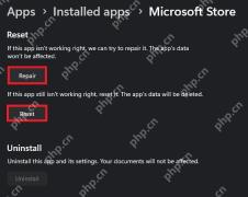 Windows 11 Microsoft Store 高级选项中的修复和重置按钮