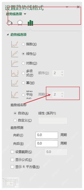 Excel 设置趋势线格式窗格和趋势线选项,服务于打开更多选项步骤
