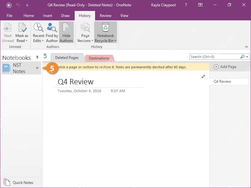 OneNote 已删除页面列表,用来确认需要恢复的笔记内容