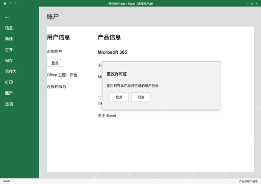 模拟 Microsoft Excel Windows桌面版 完整窗口：核对授权账号，再更改许可证或登录