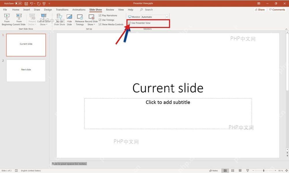 PowerPoint 幻灯片放映选项卡中使用演讲者视图复选框被红框标出
