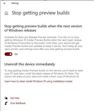 Win10 停止获取预览版本页面打开退出开关