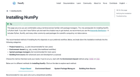 NumPy 官方安装页面展示安装入口和 pip conda 等使用方式