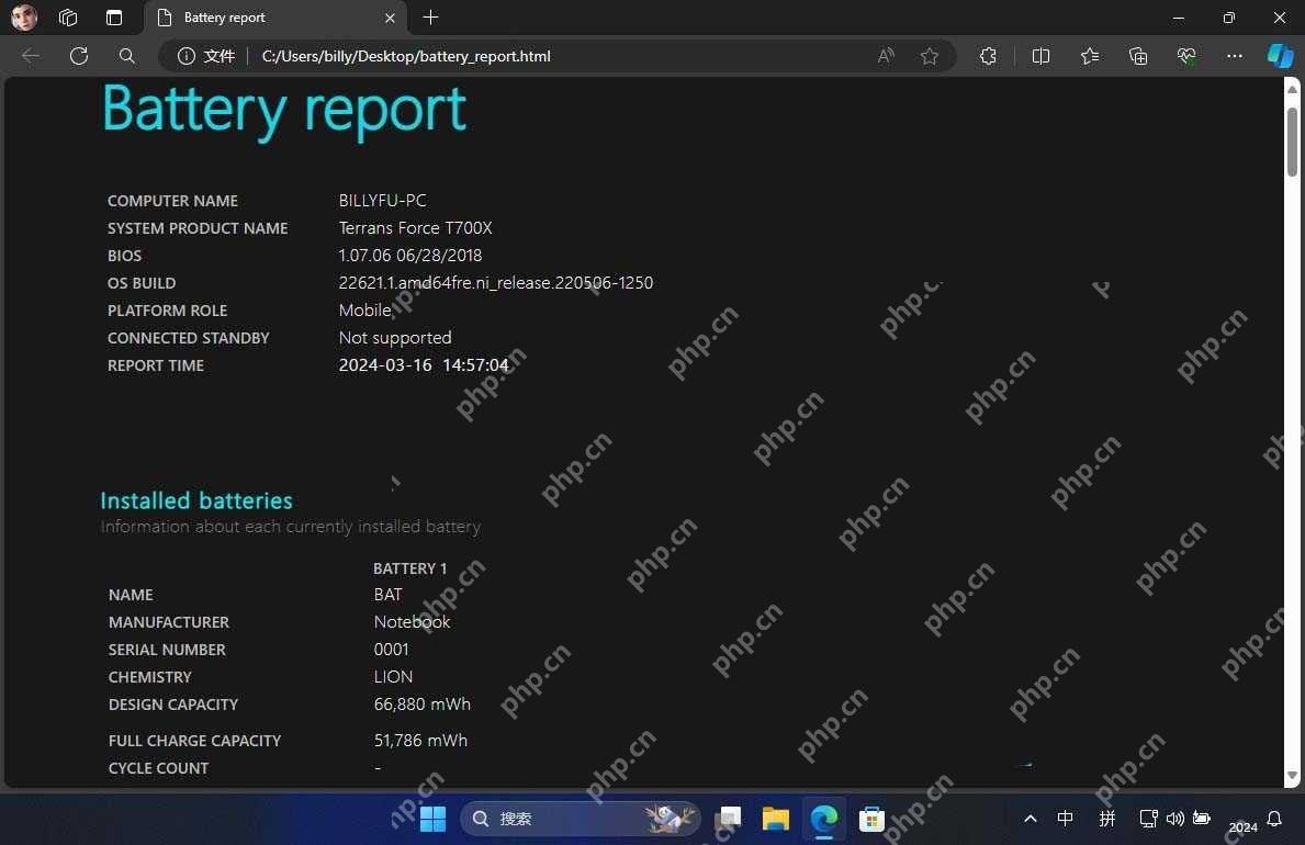 Battery report中Installed batteries显示设计容量和满充容量