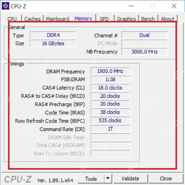 CPU-Z Windows Memory 页 Timings 区域显示 DRAM Frequency 和 CL tRCD tRP Command Rate