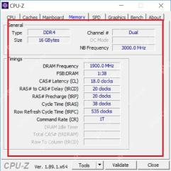 CPU-Z Windows Memory 页 Timings 区域显示 DRAM Frequency 和 CL tRCD tRP Command Rate