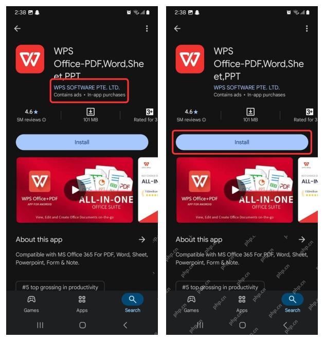 Android WPS Office 应用详情页核对开发者并点击 Install 安装按钮