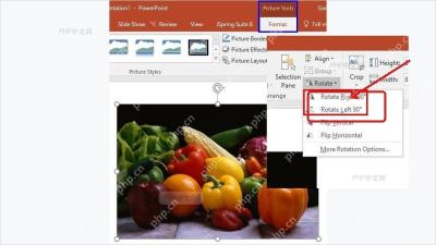 PowerPoint 格式选项卡中的旋转下拉菜单