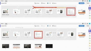 Acrobat Combine Files 工作区中拖动缩略图调整 PDF 合并顺序的位置被标出