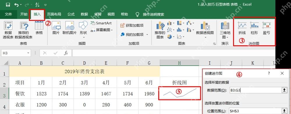 Excel插入迷你图并设置数据范围和位置范围