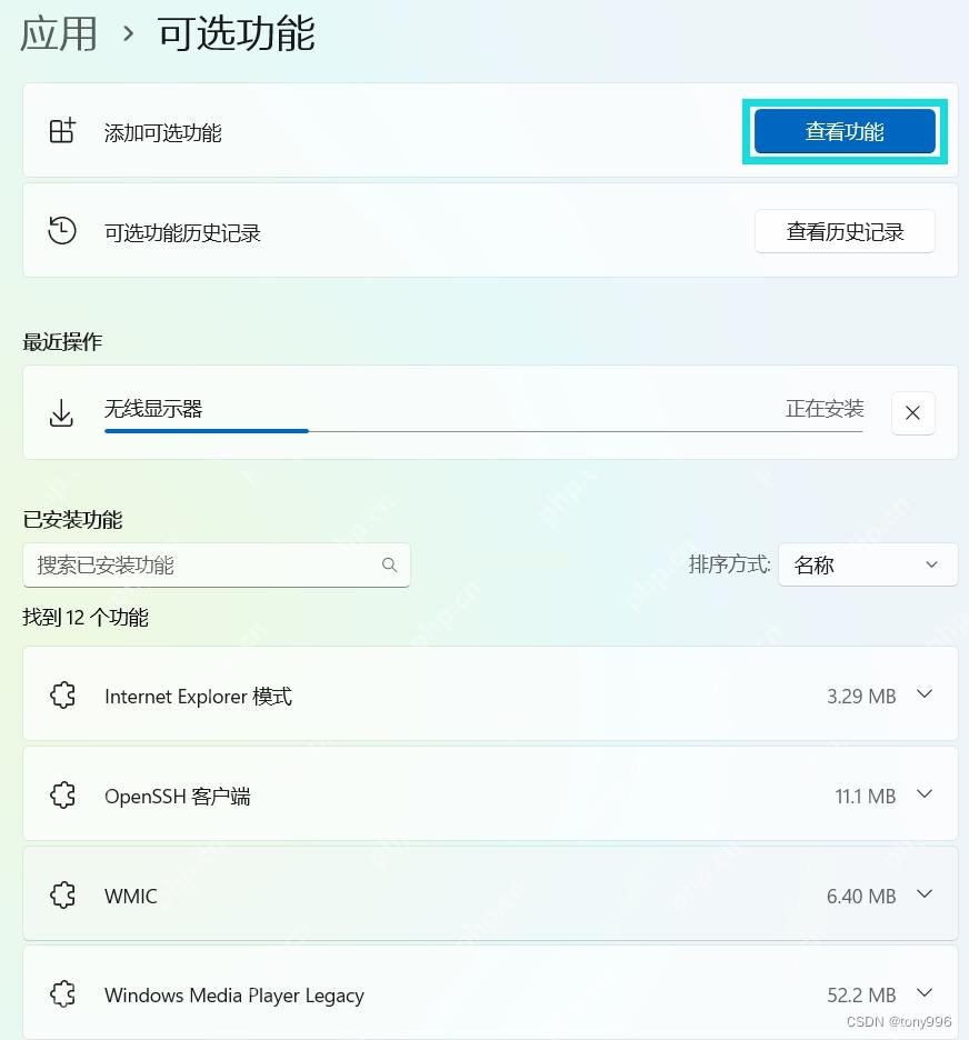 Win11 可选功能页面显示组件安装进度和已安装媒体相关功能