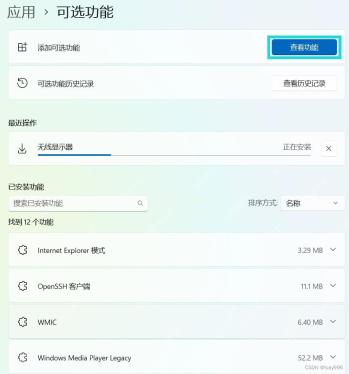 Win11 可选功能页面显示组件安装进度和已安装媒体相关功能