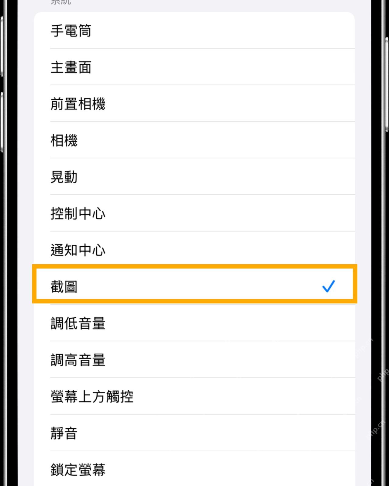 iPhone 轻点两下动作列表中截屏选项已打勾
