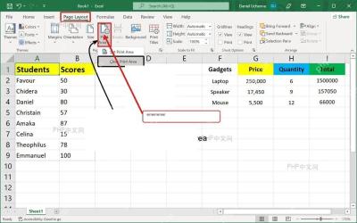 Excel 页面布局选项卡中找到打印区域按钮