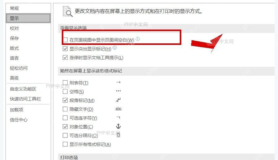 Word 选项显示页面间空白设置
