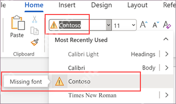 Word 字体下拉框显示 Missing font 和带警告图标的 Contoso,服务于确认缺少字体步骤