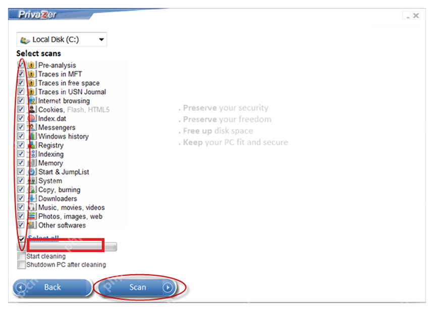 PrivaZer Select scans 列表中 Other softwares 项被标出。