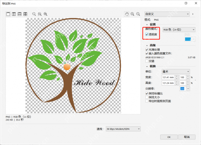 Windows 桌面 CorelDRAW 导出到 PNG 窗口显示棋盘格透明背景和输出参数,证明导出透明背景 PNG 时要开启透明背景选项。