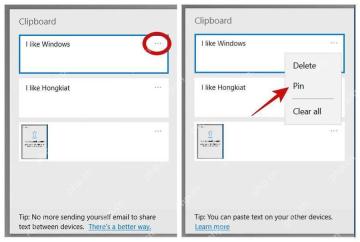 Windows10 剪贴板历史记录项目菜单中的 Pin 固定命令