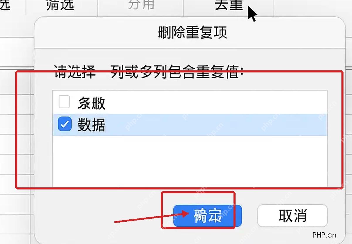 Excel 删除重复项窗口中勾选数据列并点击确定按钮