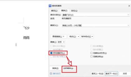 Word查找和替换窗口中勾选使用通配符并准备全部替换