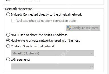 VMware Workstation Network Adapter 区域选中 Host-only 私有网络模式