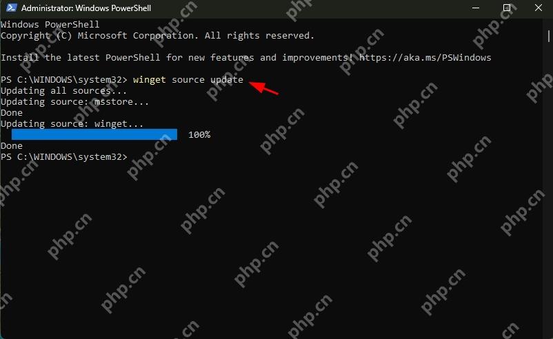 Win11 管理员 PowerShell 运行 winget source update 更新 msstore 和 winget