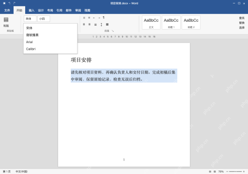 模拟 Microsoft Word 简体中文桌面版完整界面:选同一段,核对字体和字号