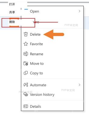OneDrive 文件更多菜单中的删除按钮