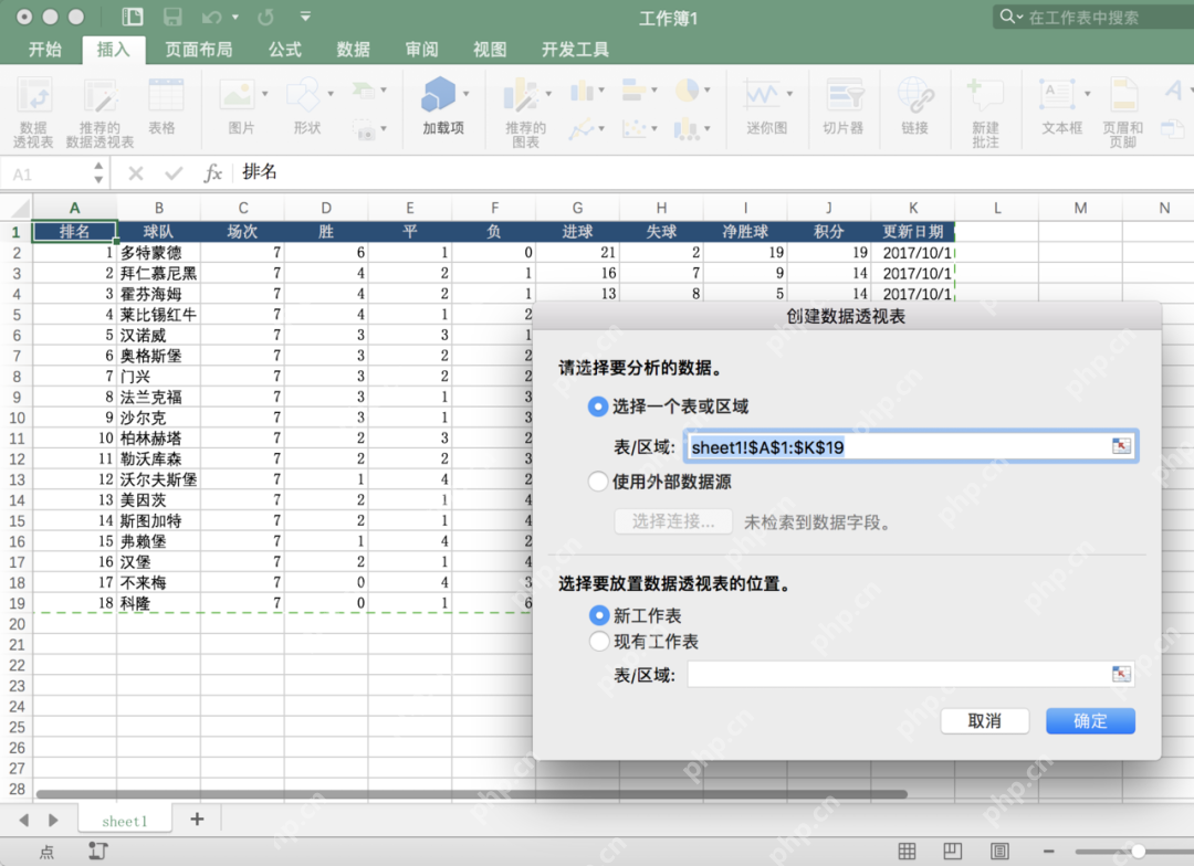 Excel创建数据透视表窗口中表区域输入框显示源数据范围