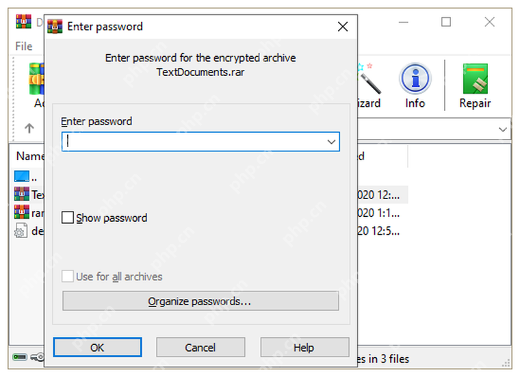 WinRAR Windows 打开加密压缩包时弹出 Enter password 密码窗口,对应需要正确密码。