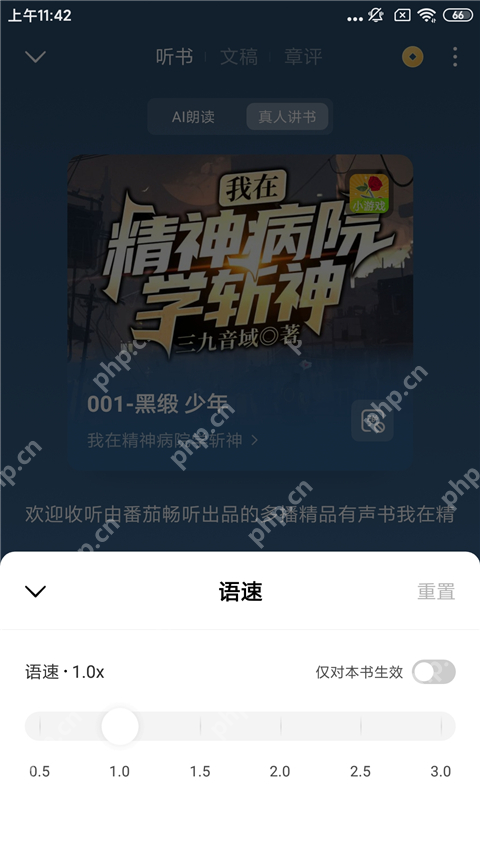 番茄小说语速滑块与本书生效开关_番茄免费小说怎么调整听书速度_番茄免费小说听书倍速设置方法 - php中文网