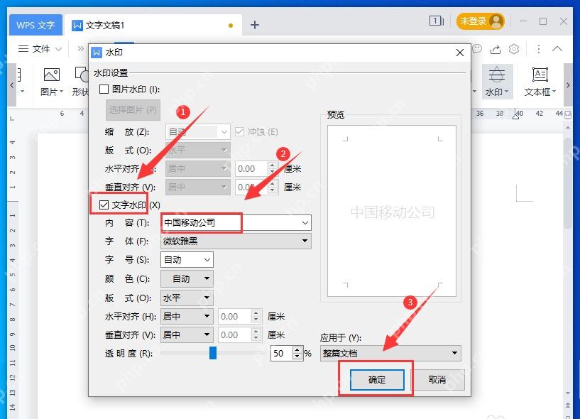 水印设置窗口里勾选文字水印并填写内容