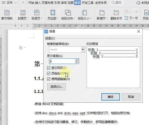 WPS文字自定义目录窗口中设置显示级别页码右对齐和制表符前导符