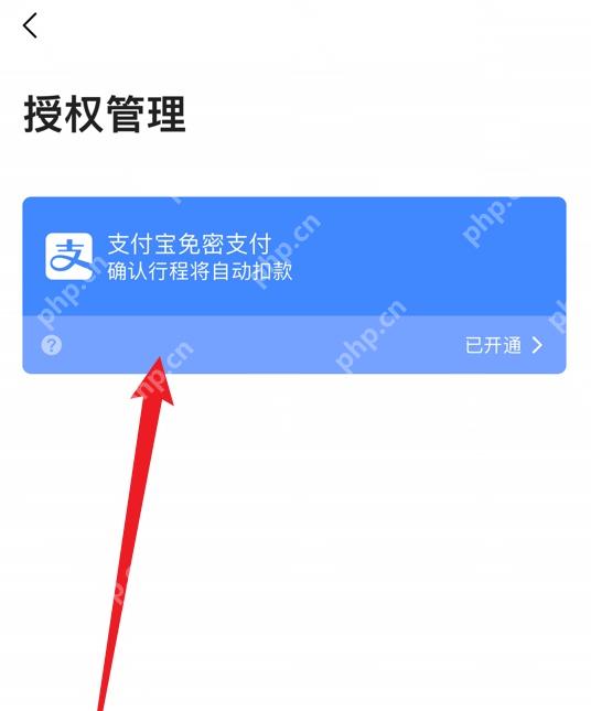 高德地图授权管理页显示支付宝免密支付已开通,红箭头指向需要进入的授权项目