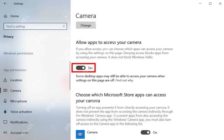 Win10 隐私相机页面中允许应用访问相机开关