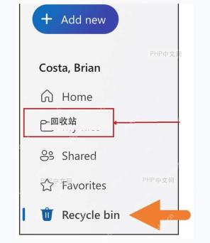 OneDrive 左侧导航中的回收站入口