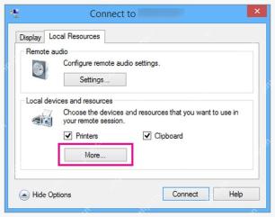 Hyper-V VMConnect Local Resources 选项卡中的 More 按钮