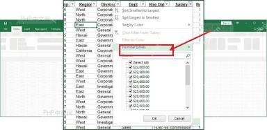 Excel 数值列筛选菜单中进入数字筛选入口