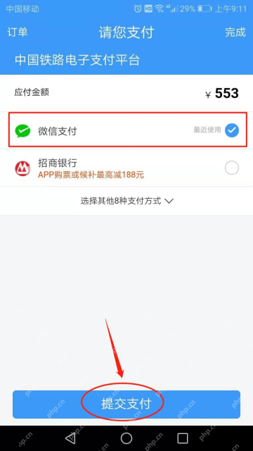 铁路12306订单支付页选择支付方式并提交支付