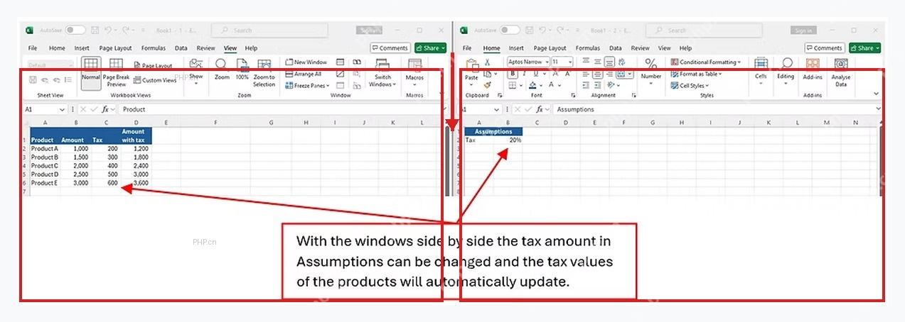 Excel 两个窗口左右并排显示，用于验证独立查看和数据对比效果