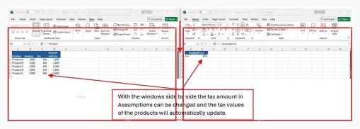 Excel 两个窗口左右并排显示,用于验证独立查看和数据对比效果